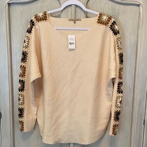 Cracker Barrel Cream Sweater with Floral Sleeve Accents